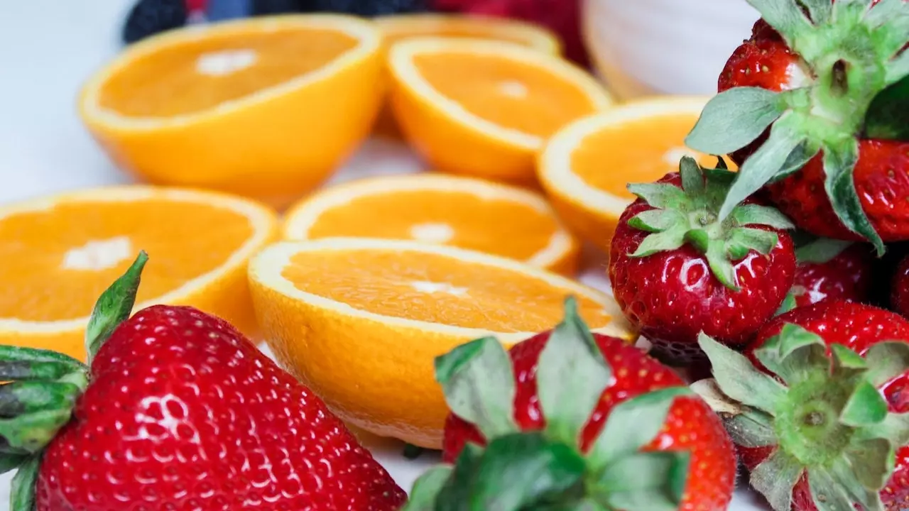 Close-up image of a balanced plate full of colorful foods