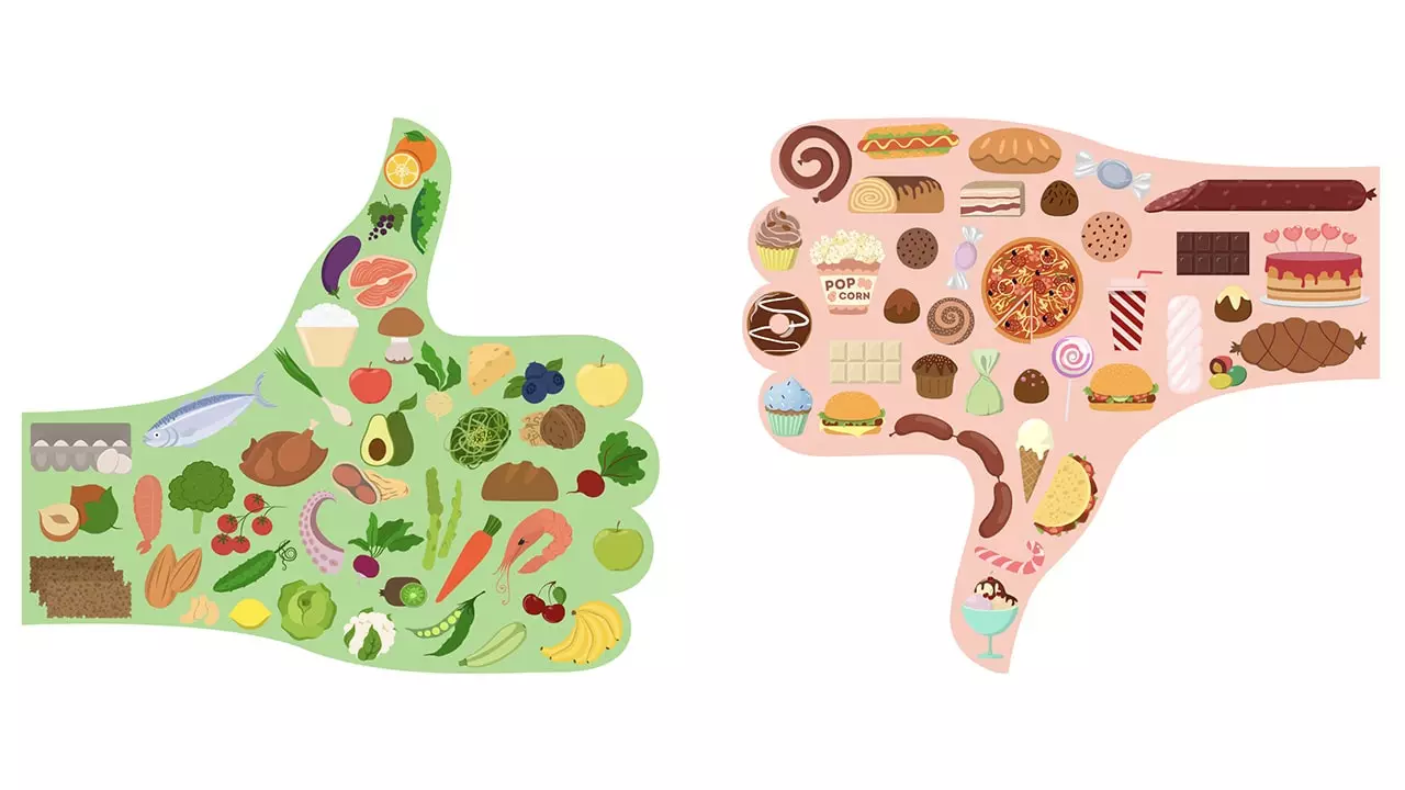 Comparison of processed versus whole foods on a balance scale.